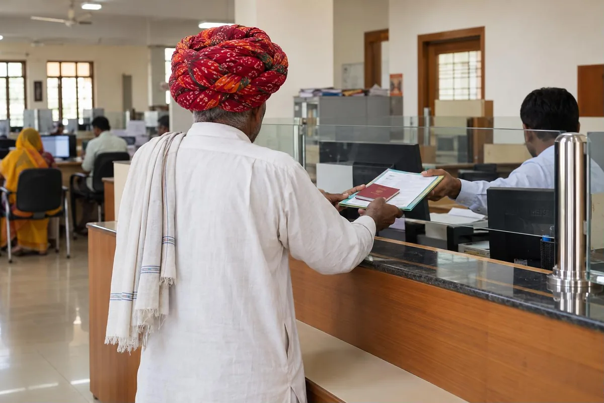 Kisan Credit Card guide - farmer handing land documents and a passbook at a rural bank counter - key points