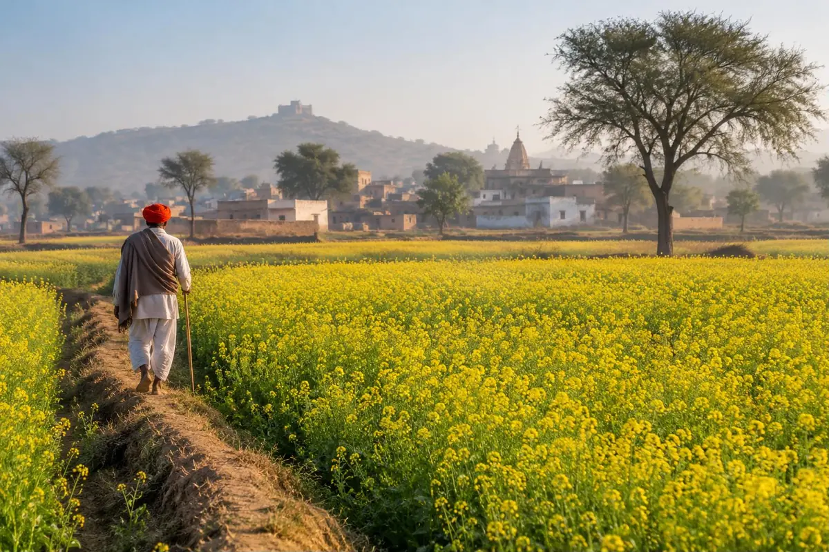 Mustard farming in Rajasthan - yellow flowering mustard field with a farmer walking along the bund - key points
