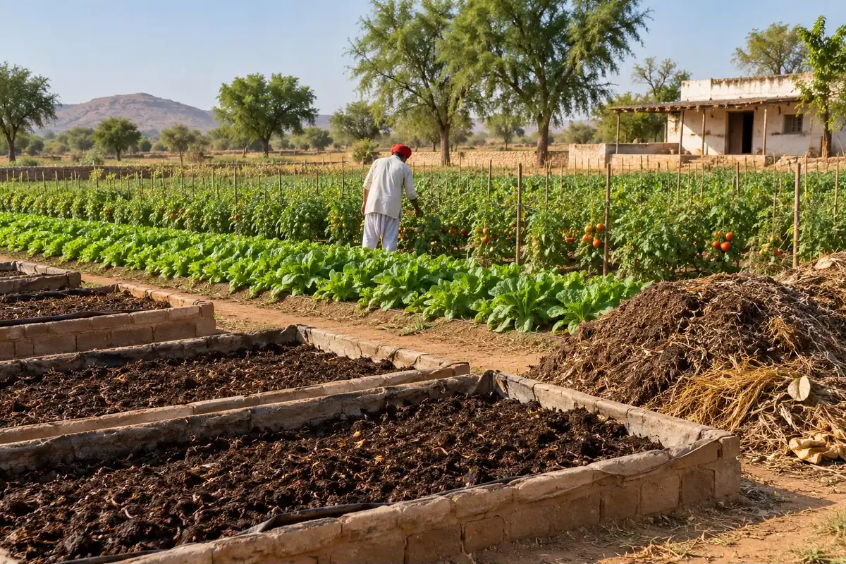 Organic certification in India - organic vegetable farm with vermicompost beds and a farmer checking plants - key points
